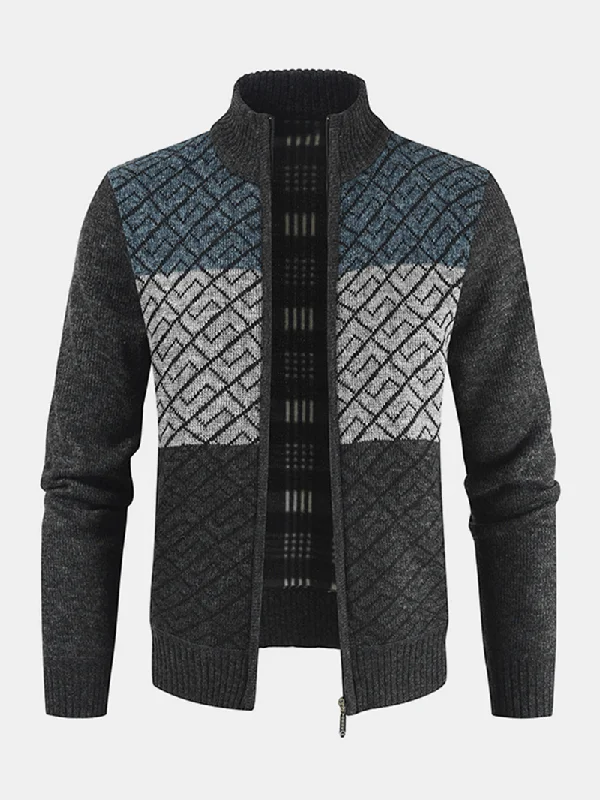 Mens Knitting Graphics Zipper Colorblock Warm Long Sleeve Sweater Jacket