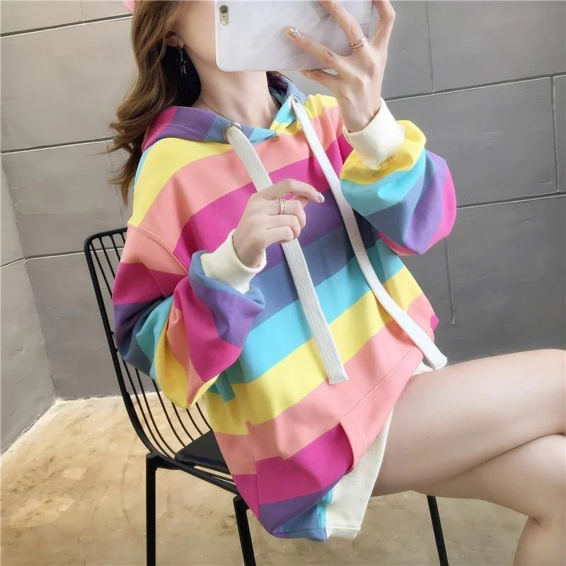 Rainbow stripes loose hood Sweater