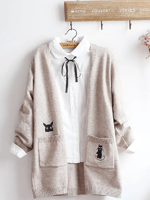 Embroidery Cat Knit Long Sweater Cardigans