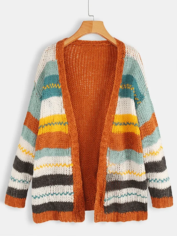 Women Casual Striped Color-Block Sweater Cardigans