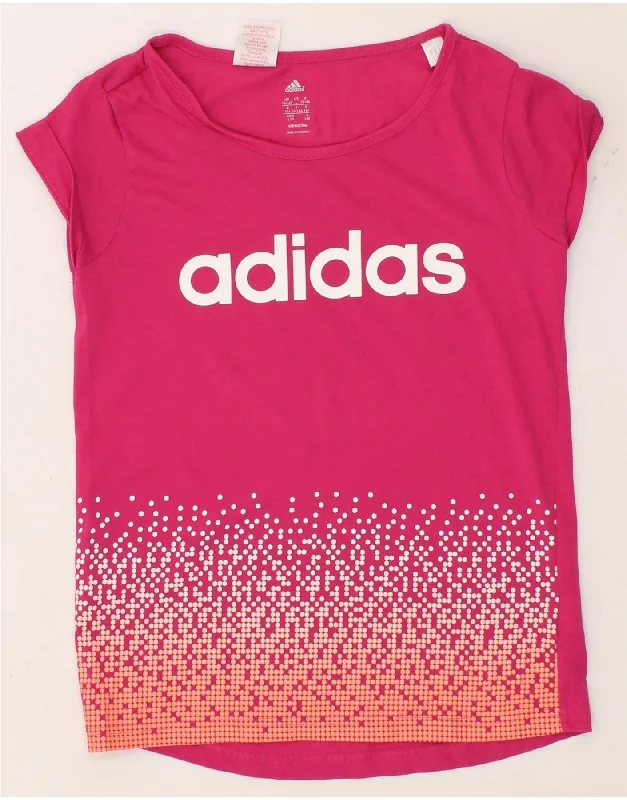 men's comfortable print tees -ADIDAS Girls Climalite Graphic T-Shirt Top 13-14 Years Pink Cotton