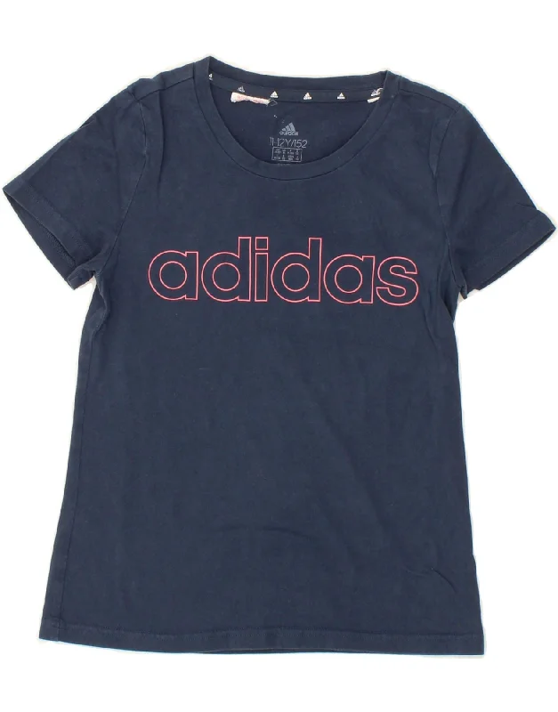 men's cotton blend t-shirts -ADIDAS Girls Graphic T-Shirt Top 11-12 Years Navy Blue