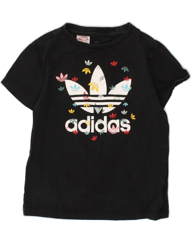 men's slim-fit graphic t-shirts -ADIDAS Girls Graphic T-Shirt Top 9-10 Years Black Spotted Cotton