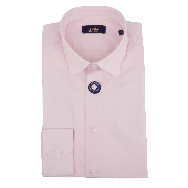 men's short-sleeve business shirts -Cavalli Class Mens Pink Dress Shirts Long Sleeve With Emb