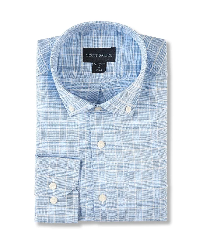 men's button-up shirts with patterns -Cotton/Linen Glen Plaid, Blue