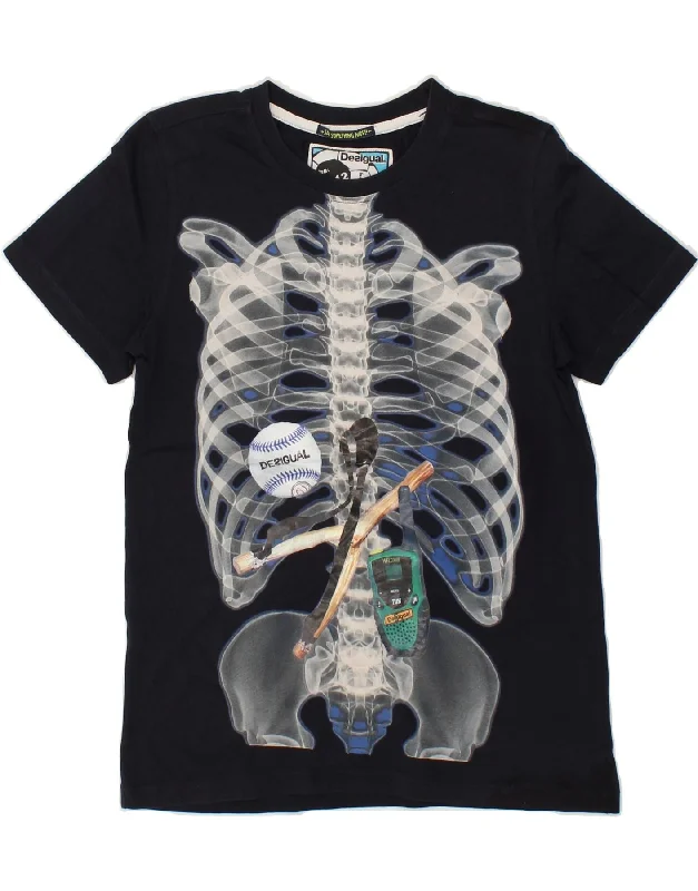 men's casual graphic t-shirts -DESIGUAL Girls Graphic T-Shirt Top 11-12 Years Navy Blue Cotton