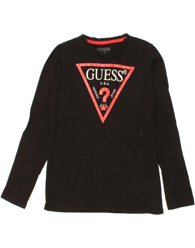 men's performance t-shirts -GUESS Boys Graphic Top Long Sleeve 11-12 Years Black Cotton