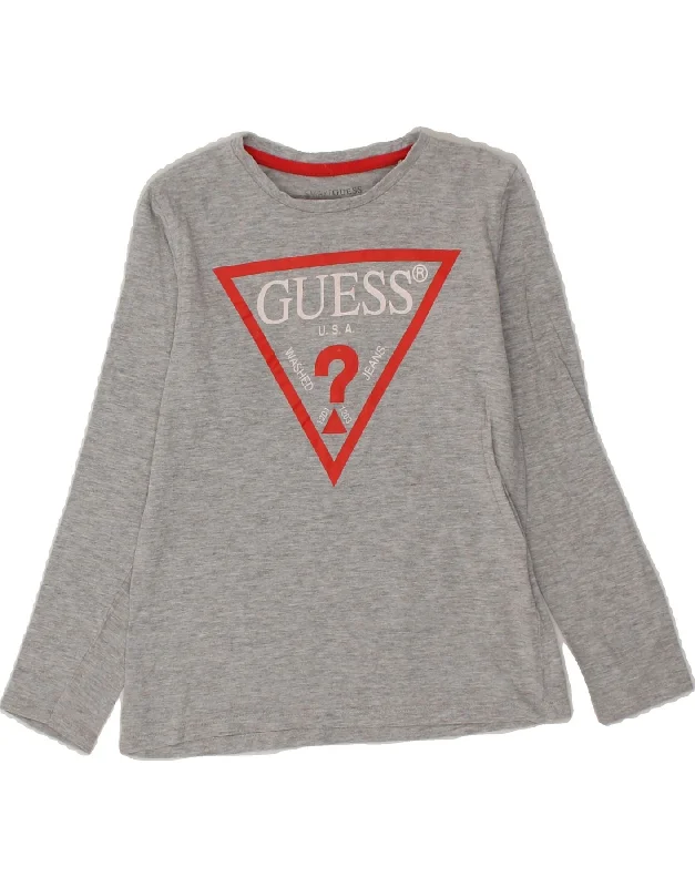 men's minimalist t-shirts -GUESS Boys Graphic Top Long Sleeve 7-8 Years Grey Cotton