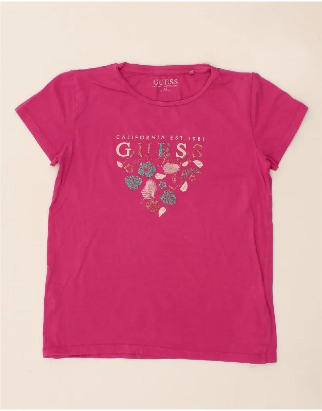 men's casual graphic t-shirts -GUESS Girls Graphic T-Shirt Top 11-12 Years Pink Cotton