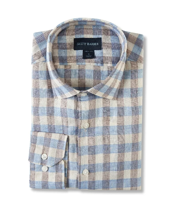 men's cotton shirts -Linen Stretch Bold Gingham, Dusk