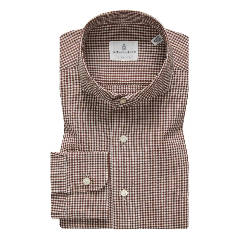 men's plaid checkered shirts -Mf Brown Check Cotton Crinkle Dress Shirt In Brown/white