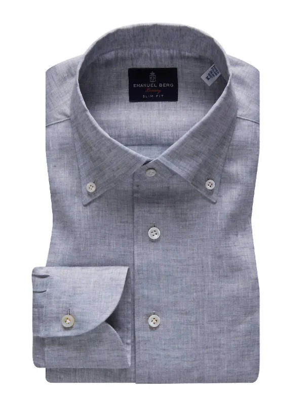 men's office button-up shirts -Mf Extra Fine Linen Luxury Men's Dress Shirt In Med Grey