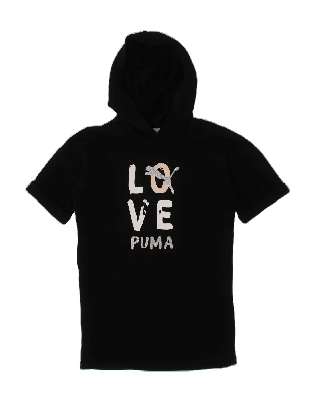 men's daily wear t-shirts -PUMA Girls Hooded Graphic T-Shirt Top 7-8 Years Black Cotton