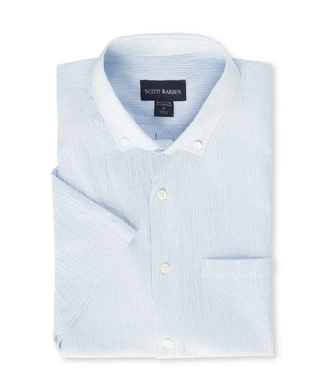 men's lightweight shirts -Stretch Seersucker Mini Stripe, Sky