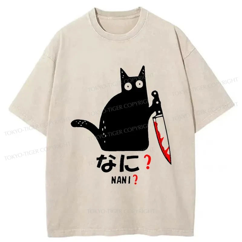 men's colorful graphic tees for summer -Tokyo-Tiger A Puzzled Cat Holding A Knife Washed T-Shirt