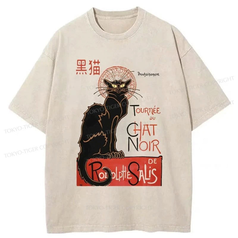 men's short-sleeve cotton t-shirts -Tokyo-Tiger Black Cat Paris Washed T-Shirt