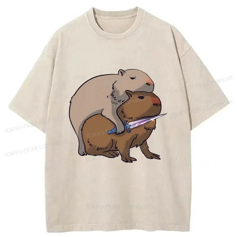 men's cotton blend t-shirts -Tokyo-Tiger Capybara Under Threat Washed T-Shirt