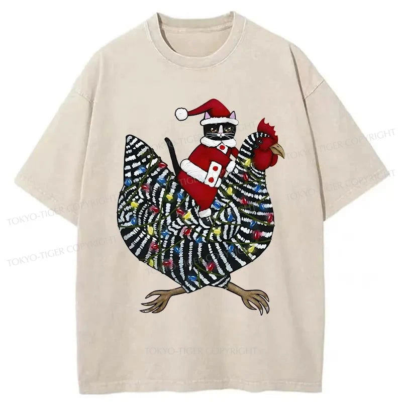 men's cotton t-shirts -Tokyo-Tiger Christmas Cat Riding Chicken Washed T-Shirt