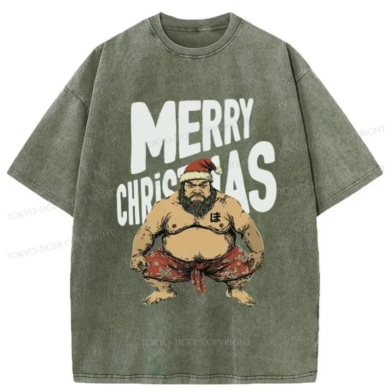 men's cool slogan tees -Tokyo-Tiger Christmas Sumo Washed T-Shirt