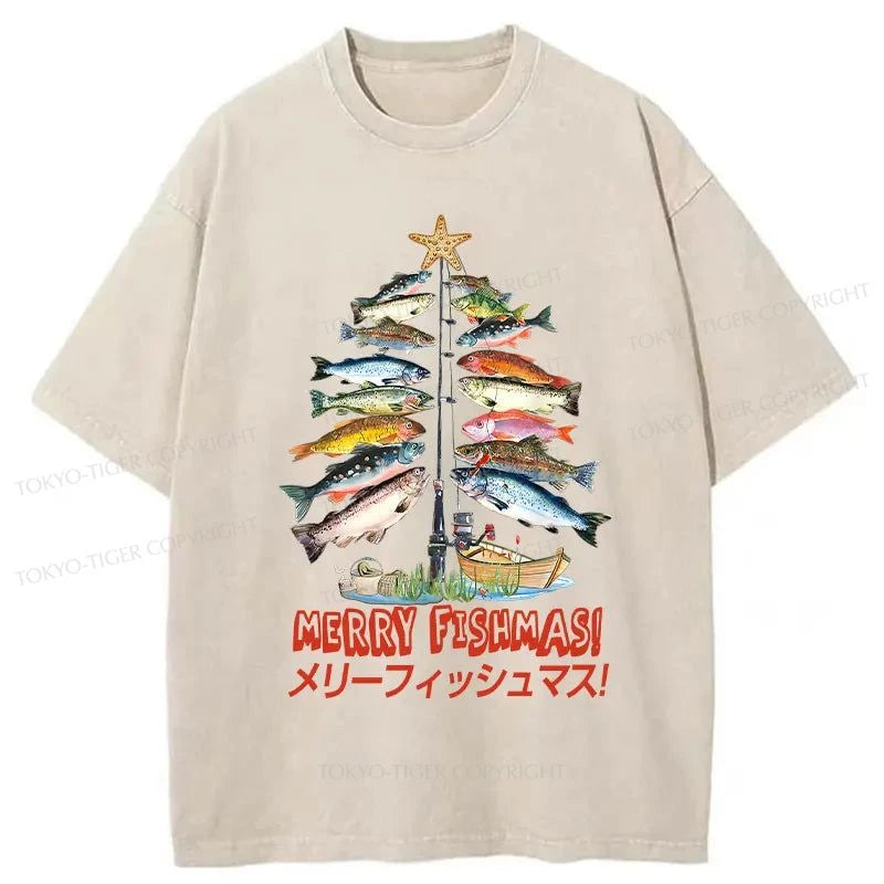 men's loose fit t-shirts -Tokyo-Tiger Christmas Tree Fish Washed T-Shirt