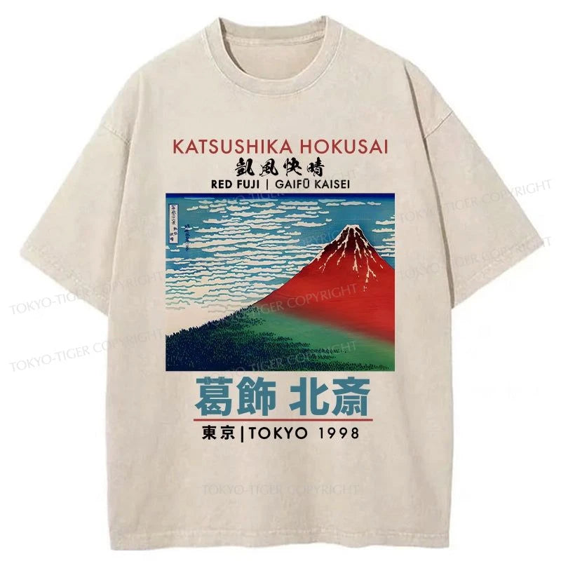 men's personalized t-shirts -Tokyo-Tiger Clear Skies And Red Fuji Washed T-Shirt