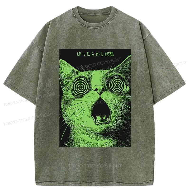 men's high-quality t-shirts -Tokyo-Tiger Confused Cat Japanese Washed T-Shirt