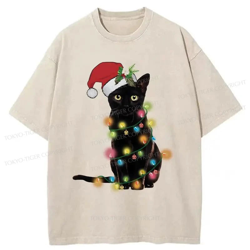 men's comfortable print tees -Tokyo-Tiger Cute Black Cat Christmas Washed T-Shirt