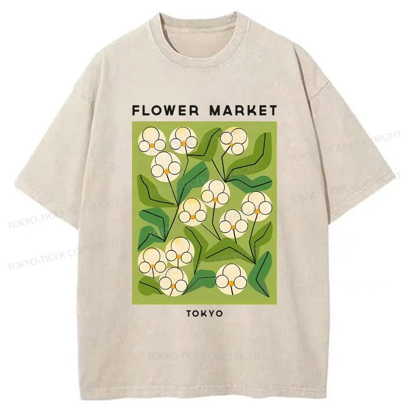 men's casual graphic t-shirts -Tokyo-Tiger Flower Market Washed T-Shirt