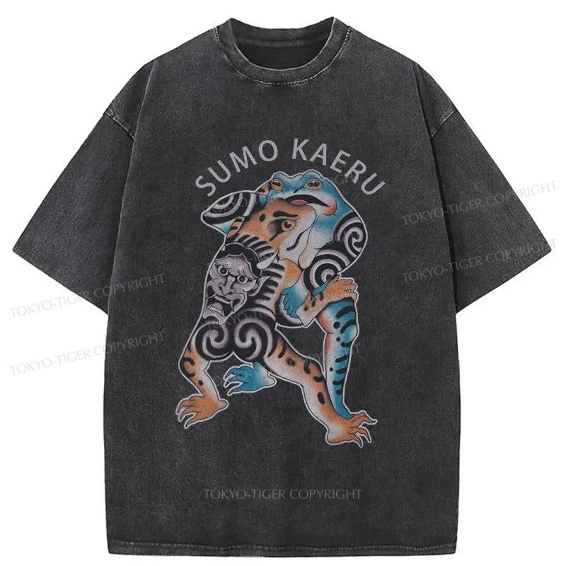 men's personalized t-shirts -Tokyo-Tiger Frog Sumo Japanese Washed T-Shirt