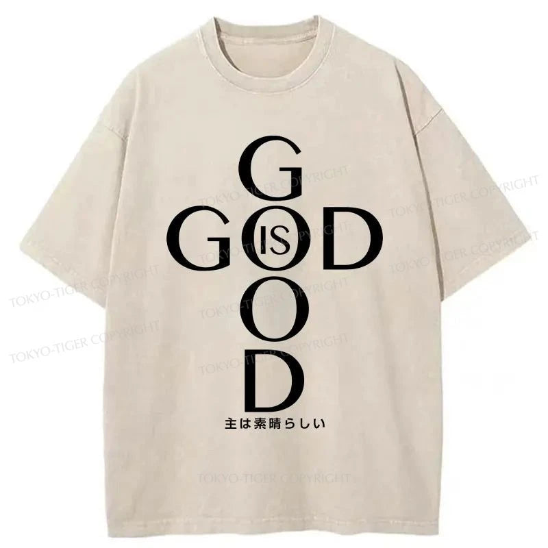 men's comfortable plain t-shirts -Tokyo-Tiger God Is Good Japan Washed T-Shirt