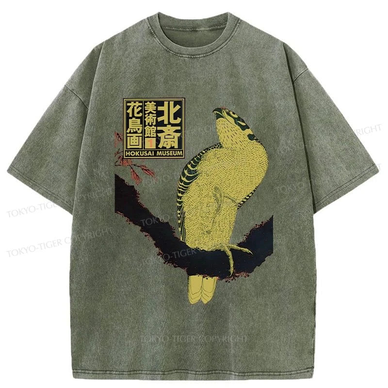 men's classic t-shirts -Tokyo-Tiger Hokusai Museum Flower And Bird Washed T-Shirt