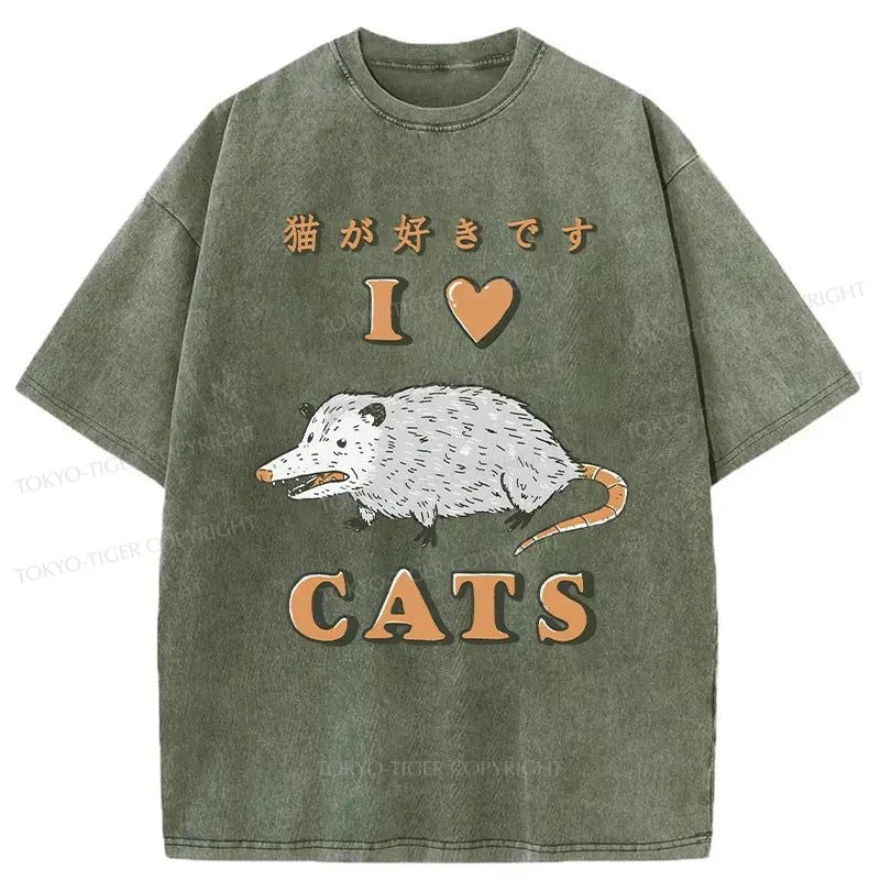 men's light t-shirts for summer -Tokyo-Tiger I Like Cats Japanese Washed T-Shirt