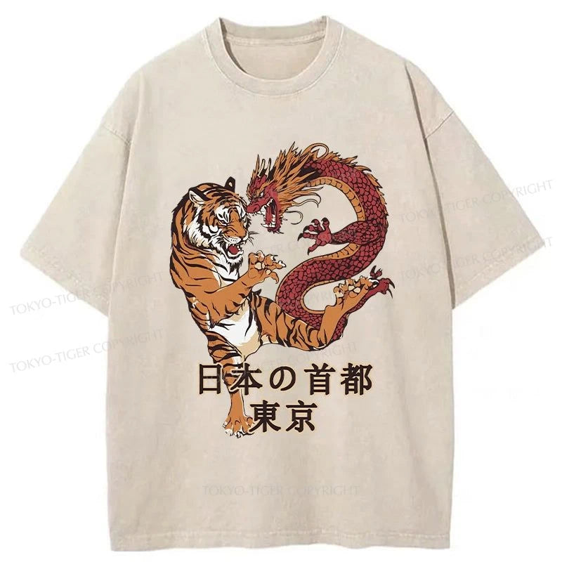 men's summer graphic t-shirts -Tokyo-Tiger Japan Culture Tiger And Dragon Washed T-Shirt