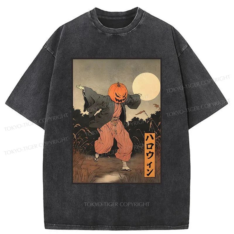 men's printed logo tees -Tokyo-Tiger Japanese Pumpkin Monster Washed T-Shirt