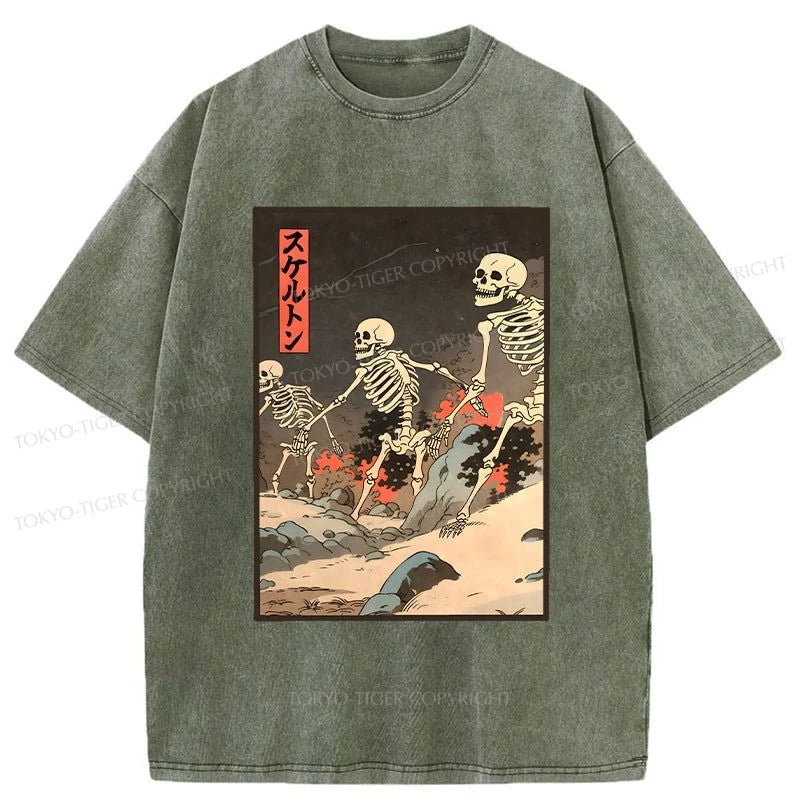 men's statement t-shirts -Tokyo-Tiger Japanese Rising Skeletons Washed T-Shirt