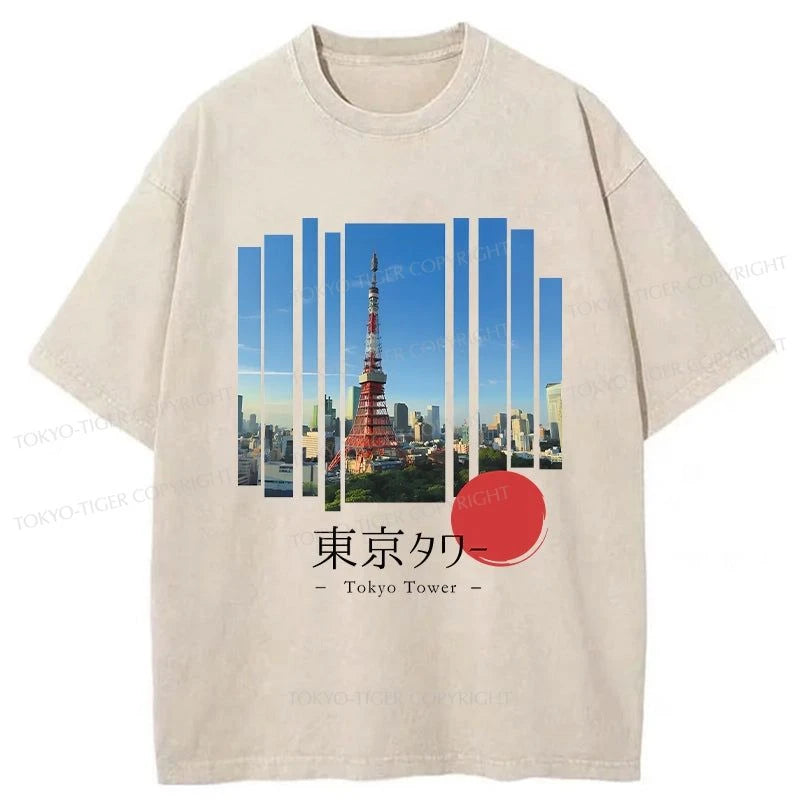 men's slim-fit plain t-shirts -Tokyo-Tiger Japanese Tokyo Tower Washed T-Shirt