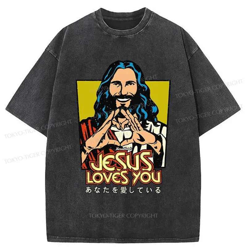 men's trendy t-shirts -Tokyo-Tiger Jesus Loves You Japan Washed T-Shirt