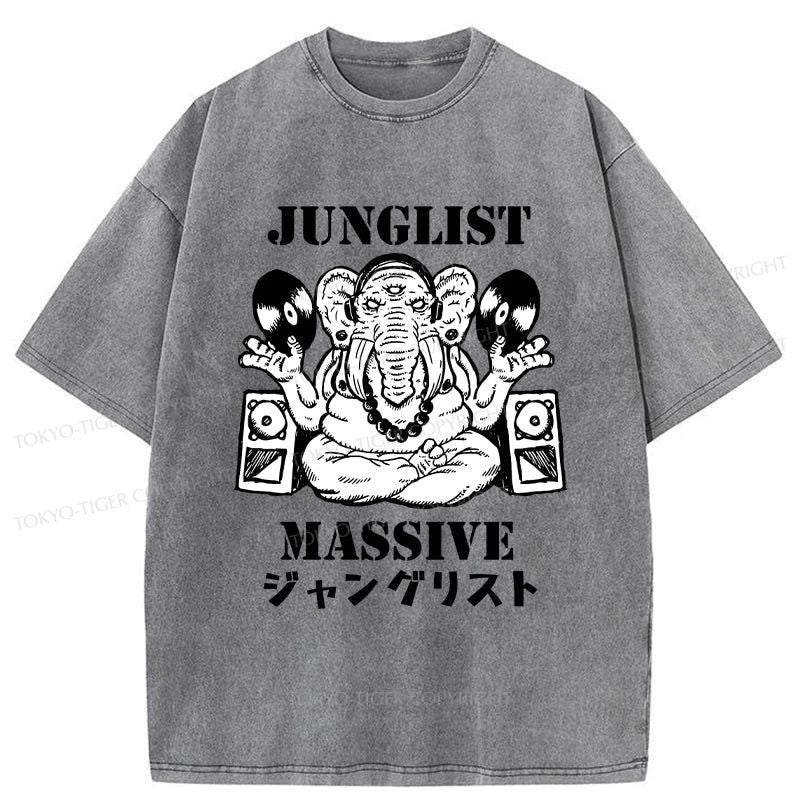 men's trendy graphic t-shirts -Tokyo-Tiger Junglist Massive Washed T-Shirt