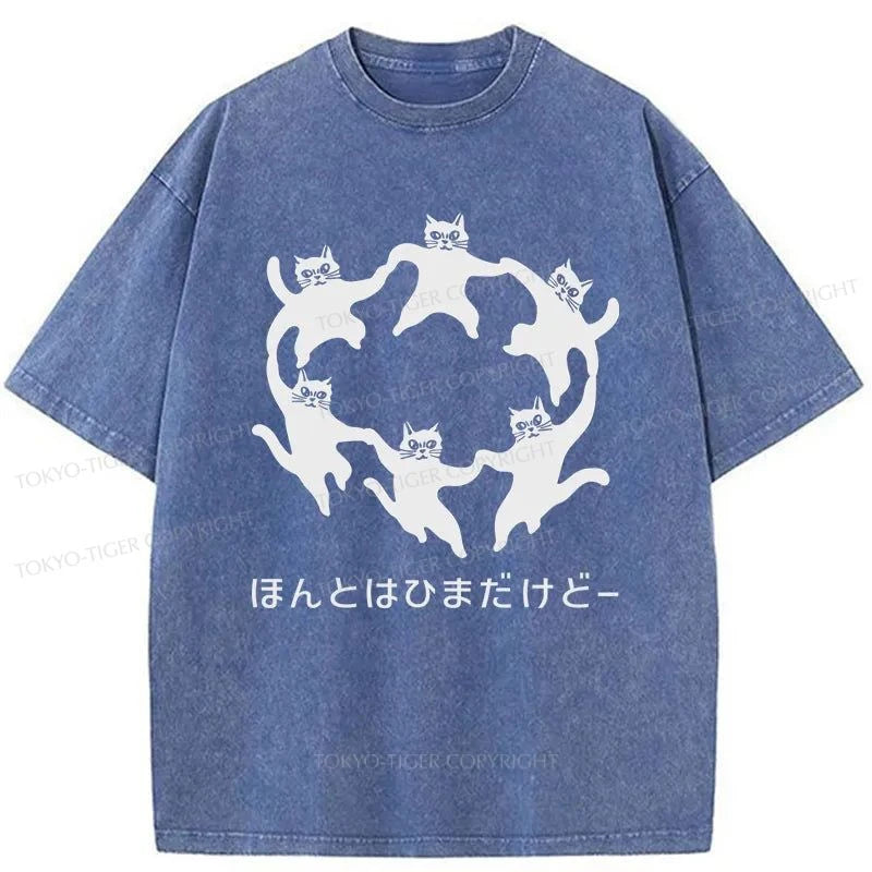 men's cotton t-shirts -Tokyo-Tiger Leisure Cats Japanese Washed T-Shirt