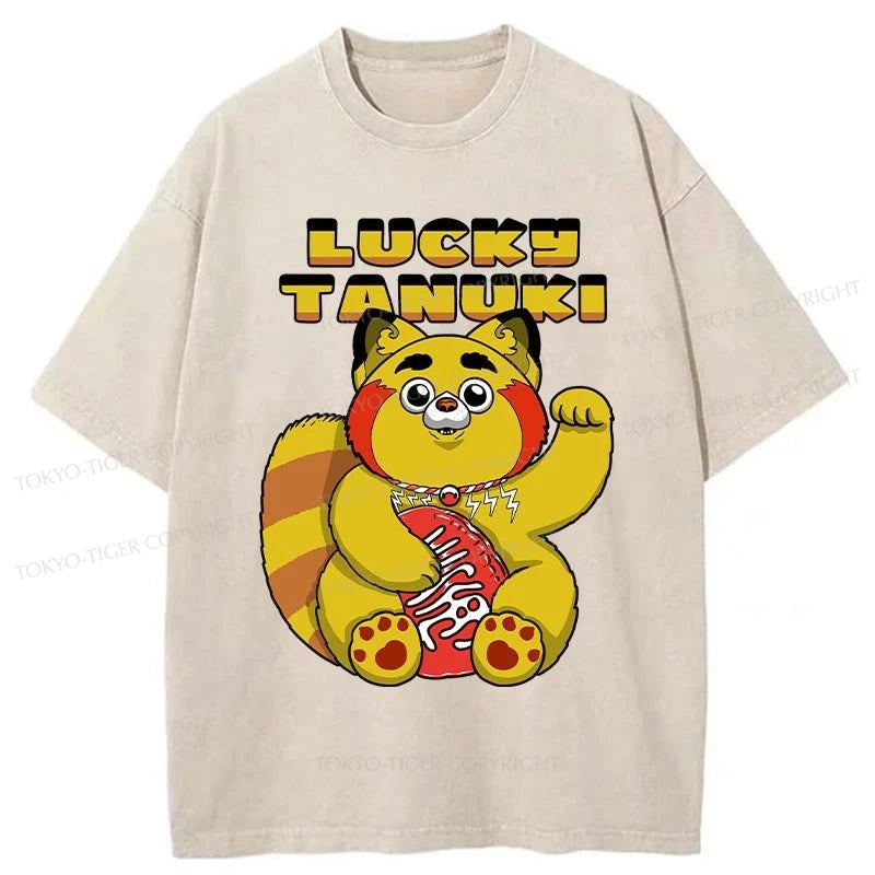 men's cool summer t-shirts -Tokyo-Tiger Lucky Tanuki Cat Washed T-Shirt