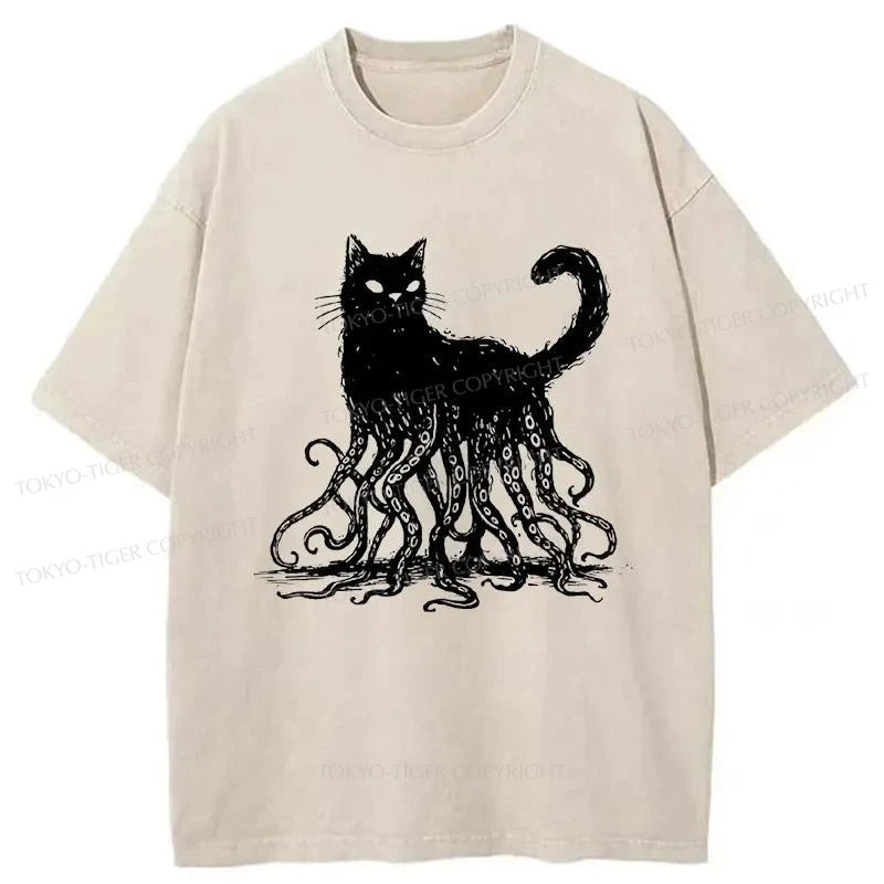 men's daily wear t-shirts -Tokyo-Tiger Mysterious Cathulhu Japanese Washed T-Shirt