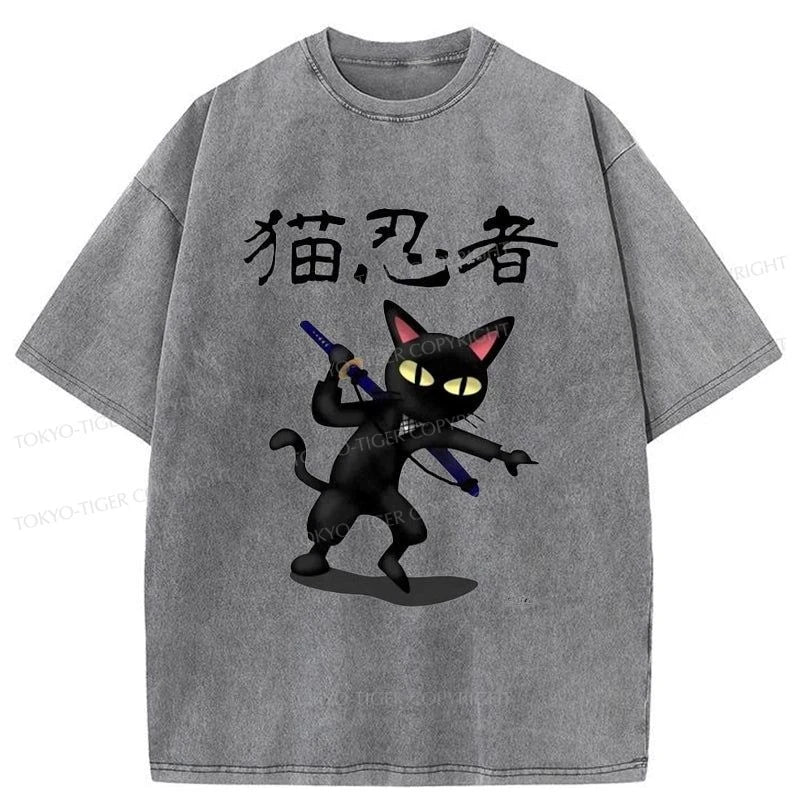 men's fashion t-shirts -Tokyo-Tiger Ninja Cat Washed T-Shirt