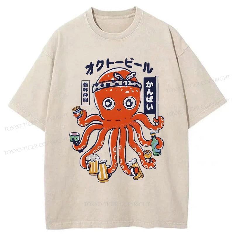 men's printed graphic t-shirts -Tokyo-Tiger Octopus Beer Washed T-Shirt