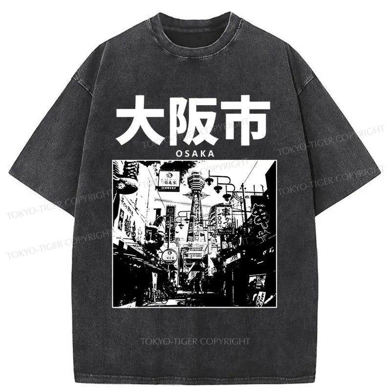 men's basic white t-shirts -Tokyo-Tiger Osaka City Street Scene Washed T-Shirt