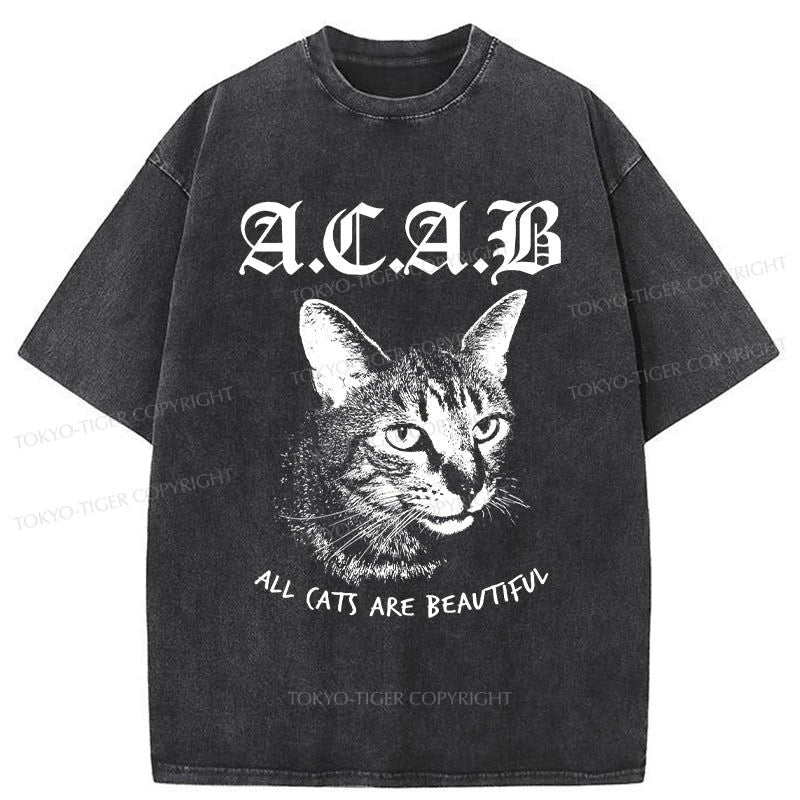 men's outdoor t-shirts -Tokyo-Tiger Pretty Cat Washed T-Shirt