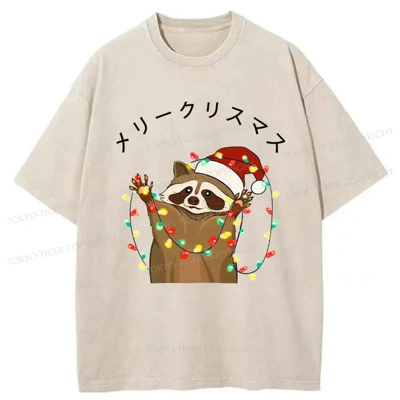 men's slim t-shirts -Tokyo-Tiger Raccoon Christmas Washed T-Shirt