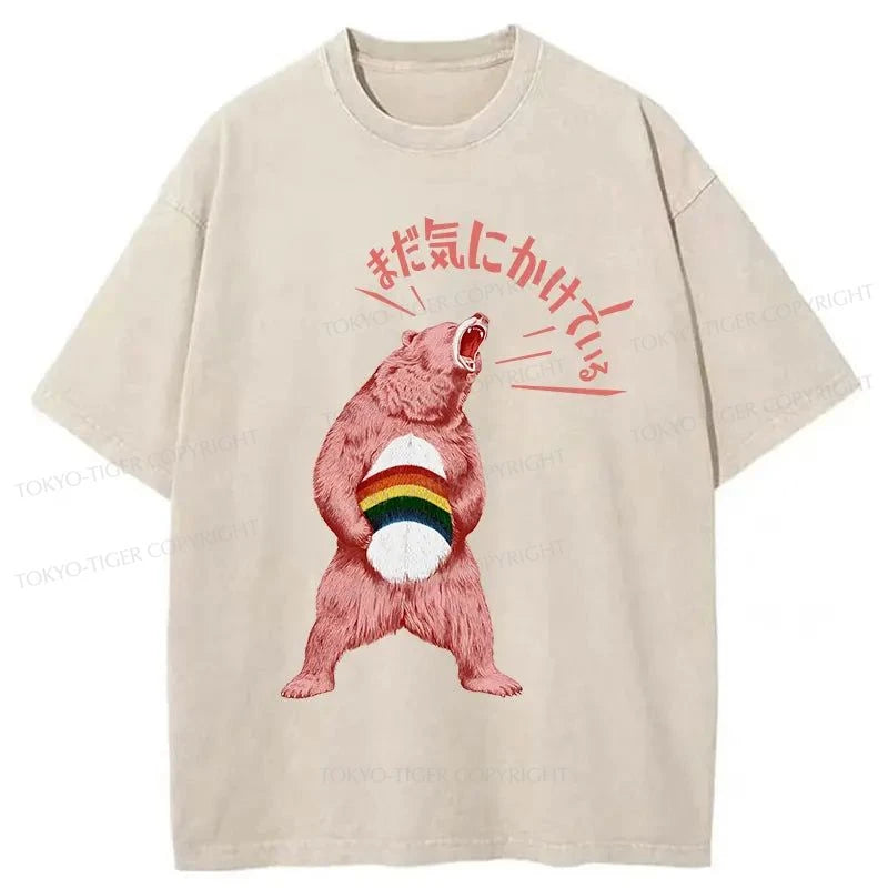 men's summer t-shirts -Tokyo-Tiger Roaring Bear Japanese Washed T-Shirt