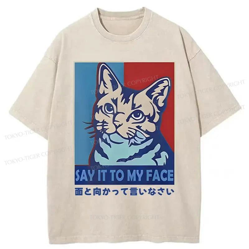 men's plain t-shirts -Tokyo-Tiger Say It To Cat Face Washed T-Shirt