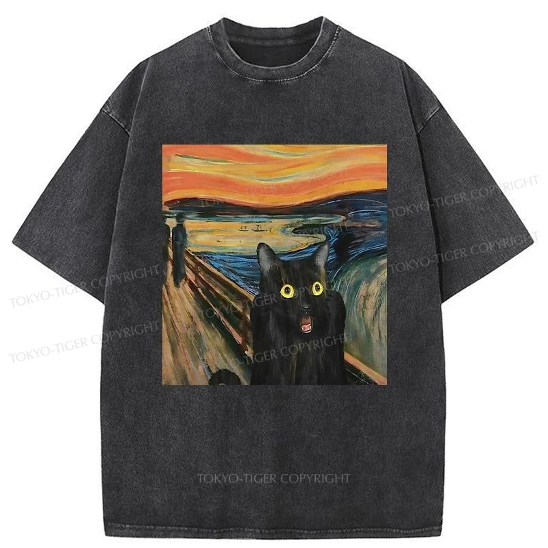 men's long sleeve t-shirts -Tokyo-Tiger Screaming Black Cat Washed T-Shirt