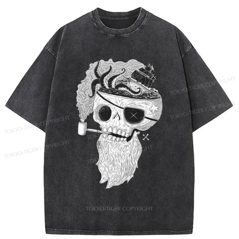 men's fun graphic print t-shirts -Tokyo-Tiger Smoking Skull Washed T-Shirt